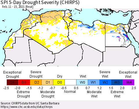 North Africa SPI 5-Day Drought Severity (CHIRPS) Thematic Map For 2/11/2021 - 2/15/2021