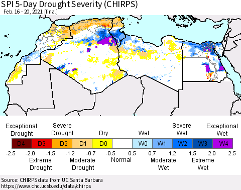 North Africa SPI 5-Day Drought Severity (CHIRPS) Thematic Map For 2/16/2021 - 2/20/2021
