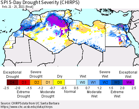 North Africa SPI 5-Day Drought Severity (CHIRPS) Thematic Map For 2/21/2021 - 2/25/2021
