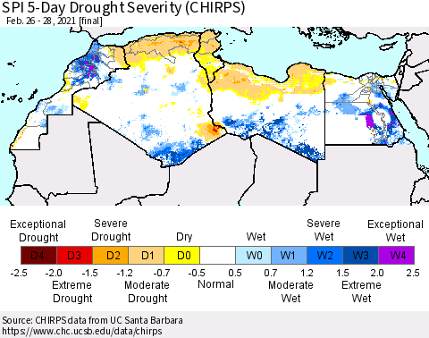 North Africa SPI 5-Day Drought Severity (CHIRPS) Thematic Map For 2/26/2021 - 2/28/2021