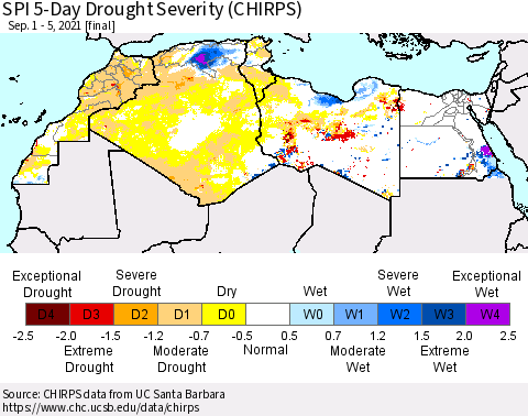 North Africa SPI 5-Day Drought Severity (CHIRPS) Thematic Map For 9/1/2021 - 9/5/2021