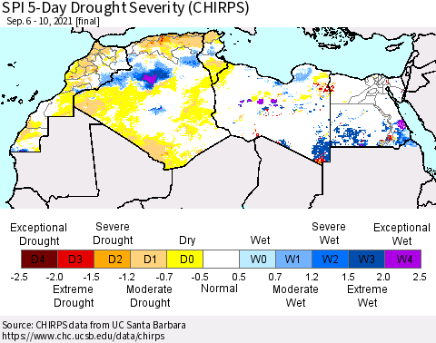 North Africa SPI 5-Day Drought Severity (CHIRPS) Thematic Map For 9/6/2021 - 9/10/2021