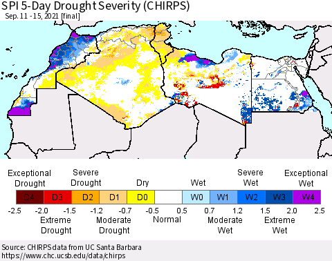 North Africa SPI 5-Day Drought Severity (CHIRPS) Thematic Map For 9/11/2021 - 9/15/2021