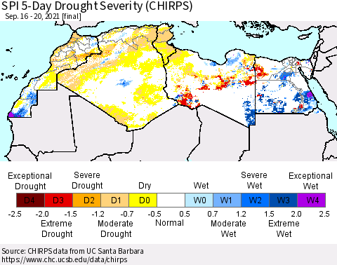 North Africa SPI 5-Day Drought Severity (CHIRPS) Thematic Map For 9/16/2021 - 9/20/2021