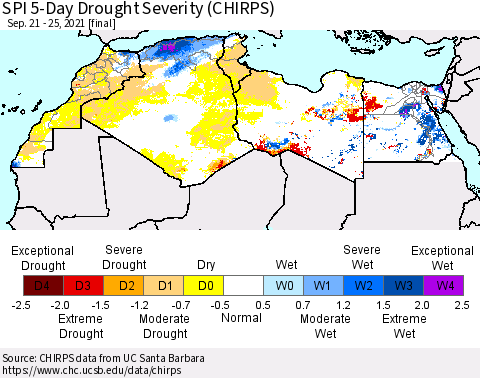 North Africa SPI 5-Day Drought Severity (CHIRPS) Thematic Map For 9/21/2021 - 9/25/2021