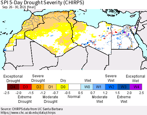 North Africa SPI 5-Day Drought Severity (CHIRPS) Thematic Map For 9/26/2021 - 9/30/2021