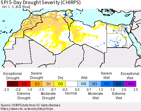 North Africa SPI 5-Day Drought Severity (CHIRPS) Thematic Map For 10/1/2021 - 10/5/2021