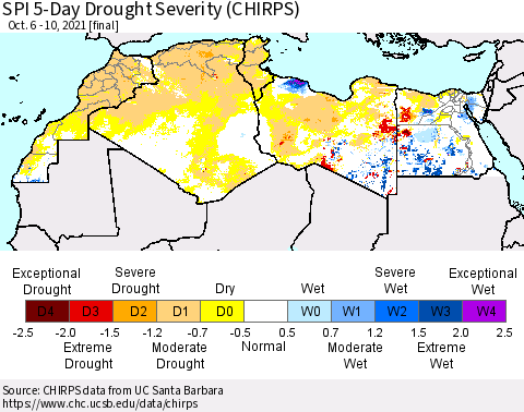 North Africa SPI 5-Day Drought Severity (CHIRPS) Thematic Map For 10/6/2021 - 10/10/2021
