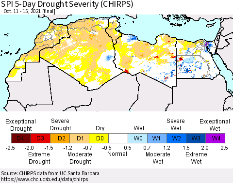 North Africa SPI 5-Day Drought Severity (CHIRPS) Thematic Map For 10/11/2021 - 10/15/2021