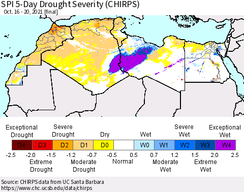 North Africa SPI 5-Day Drought Severity (CHIRPS) Thematic Map For 10/16/2021 - 10/20/2021