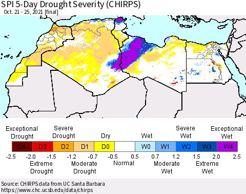 North Africa SPI 5-Day Drought Severity (CHIRPS) Thematic Map For 10/21/2021 - 10/25/2021