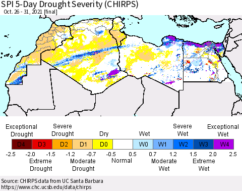 North Africa SPI 5-Day Drought Severity (CHIRPS) Thematic Map For 10/26/2021 - 10/31/2021