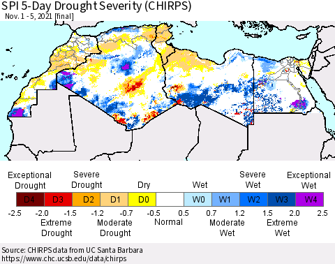 North Africa SPI 5-Day Drought Severity (CHIRPS) Thematic Map For 11/1/2021 - 11/5/2021