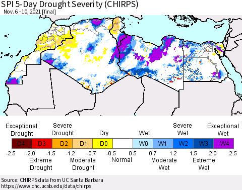 North Africa SPI 5-Day Drought Severity (CHIRPS) Thematic Map For 11/6/2021 - 11/10/2021