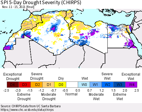 North Africa SPI 5-Day Drought Severity (CHIRPS) Thematic Map For 11/11/2021 - 11/15/2021