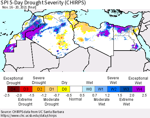 North Africa SPI 5-Day Drought Severity (CHIRPS) Thematic Map For 11/16/2021 - 11/20/2021
