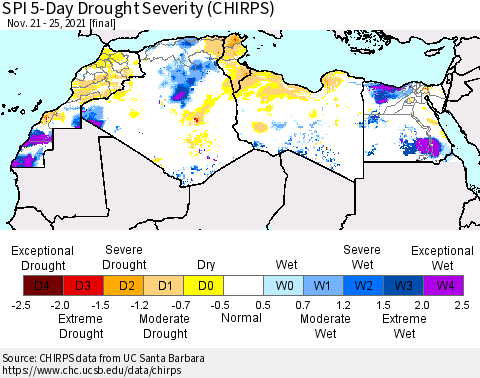 North Africa SPI 5-Day Drought Severity (CHIRPS) Thematic Map For 11/21/2021 - 11/25/2021