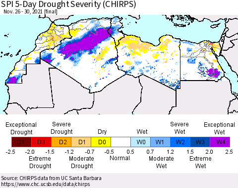 North Africa SPI 5-Day Drought Severity (CHIRPS) Thematic Map For 11/26/2021 - 11/30/2021
