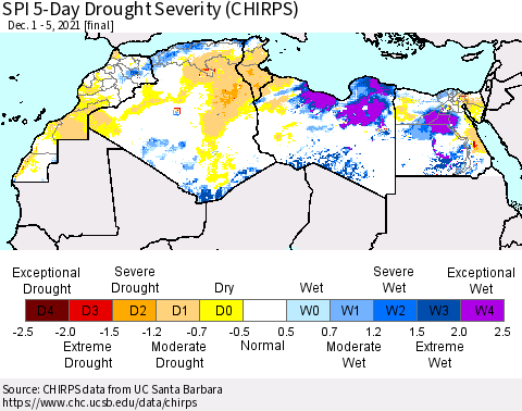 North Africa SPI 5-Day Drought Severity (CHIRPS) Thematic Map For 12/1/2021 - 12/5/2021