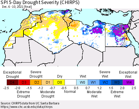 North Africa SPI 5-Day Drought Severity (CHIRPS) Thematic Map For 12/6/2021 - 12/10/2021