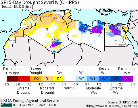 North Africa SPI 5-Day Drought Severity (CHIRPS) Thematic Map For 12/11/2021 - 12/15/2021