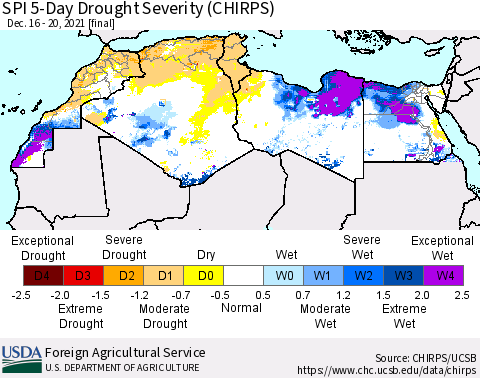 North Africa SPI 5-Day Drought Severity (CHIRPS) Thematic Map For 12/16/2021 - 12/20/2021
