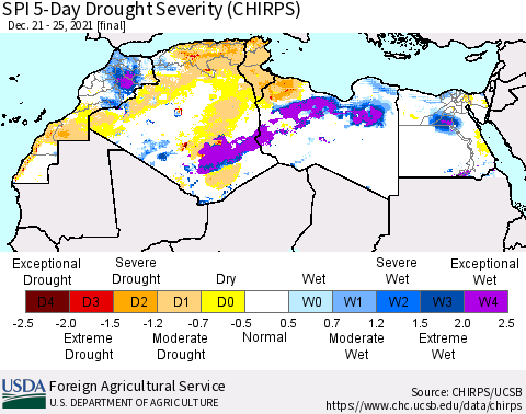 North Africa SPI 5-Day Drought Severity (CHIRPS) Thematic Map For 12/21/2021 - 12/25/2021