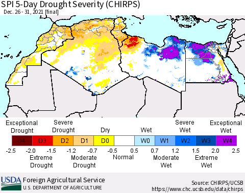 North Africa SPI 5-Day Drought Severity (CHIRPS) Thematic Map For 12/26/2021 - 12/31/2021