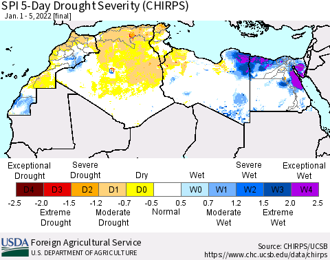 North Africa SPI 5-Day Drought Severity (CHIRPS) Thematic Map For 1/1/2022 - 1/5/2022