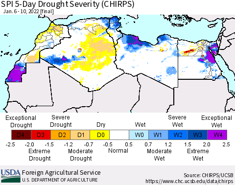 North Africa SPI 5-Day Drought Severity (CHIRPS) Thematic Map For 1/6/2022 - 1/10/2022