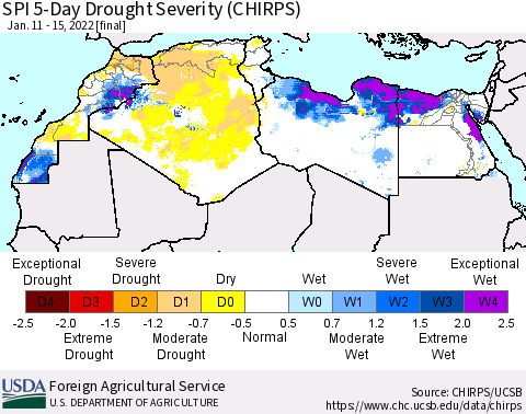 North Africa SPI 5-Day Drought Severity (CHIRPS) Thematic Map For 1/11/2022 - 1/15/2022