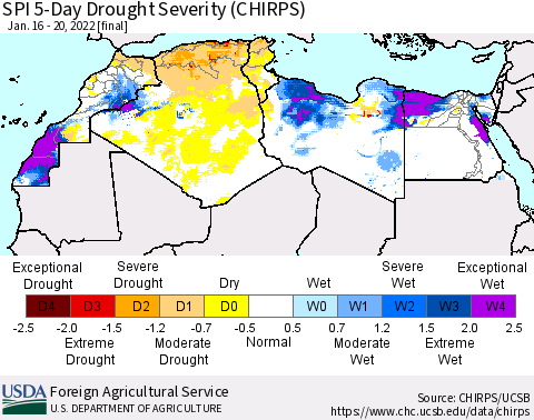 North Africa SPI 5-Day Drought Severity (CHIRPS) Thematic Map For 1/16/2022 - 1/20/2022