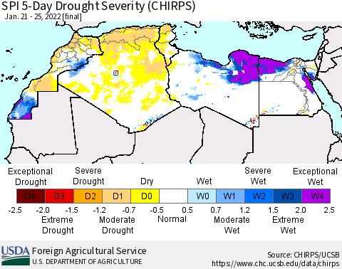 North Africa SPI 5-Day Drought Severity (CHIRPS) Thematic Map For 1/21/2022 - 1/25/2022