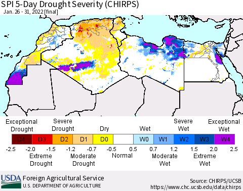 North Africa SPI 5-Day Drought Severity (CHIRPS) Thematic Map For 1/26/2022 - 1/31/2022