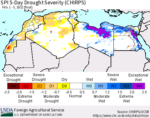 North Africa SPI 5-Day Drought Severity (CHIRPS) Thematic Map For 2/1/2022 - 2/5/2022