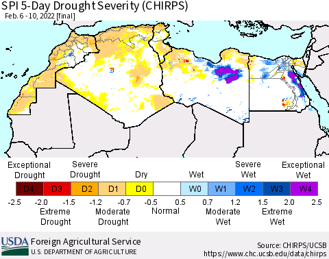 North Africa SPI 5-Day Drought Severity (CHIRPS) Thematic Map For 2/6/2022 - 2/10/2022