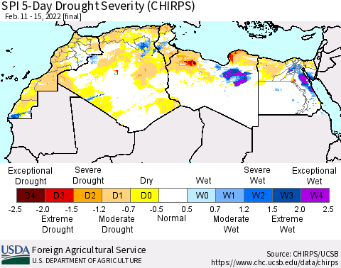 North Africa SPI 5-Day Drought Severity (CHIRPS) Thematic Map For 2/11/2022 - 2/15/2022