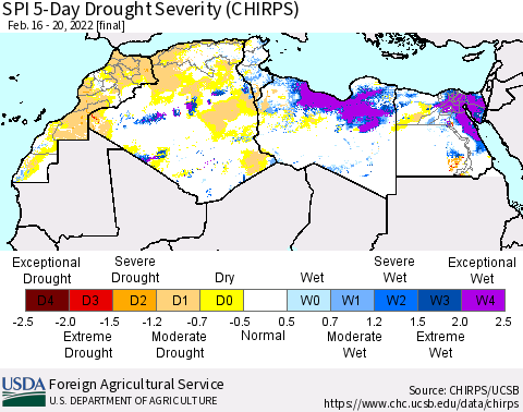 North Africa SPI 5-Day Drought Severity (CHIRPS) Thematic Map For 2/16/2022 - 2/20/2022