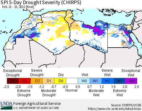North Africa SPI 5-Day Drought Severity (CHIRPS) Thematic Map For 2/21/2022 - 2/25/2022