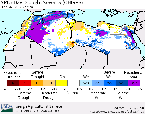 North Africa SPI 5-Day Drought Severity (CHIRPS) Thematic Map For 2/26/2022 - 2/28/2022