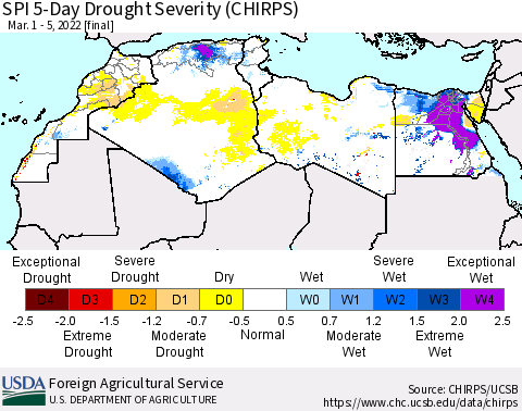 North Africa SPI 5-Day Drought Severity (CHIRPS) Thematic Map For 3/1/2022 - 3/5/2022