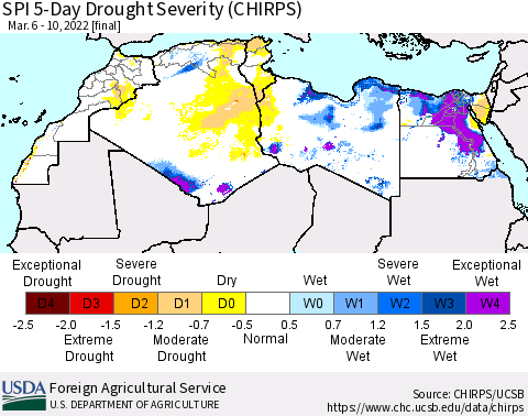 North Africa SPI 5-Day Drought Severity (CHIRPS) Thematic Map For 3/6/2022 - 3/10/2022