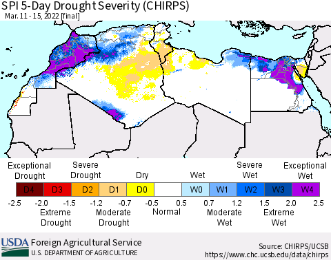 North Africa SPI 5-Day Drought Severity (CHIRPS) Thematic Map For 3/11/2022 - 3/15/2022