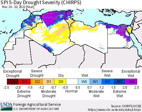 North Africa SPI 5-Day Drought Severity (CHIRPS) Thematic Map For 3/16/2022 - 3/20/2022