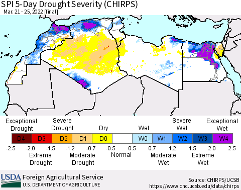 North Africa SPI 5-Day Drought Severity (CHIRPS) Thematic Map For 3/21/2022 - 3/25/2022