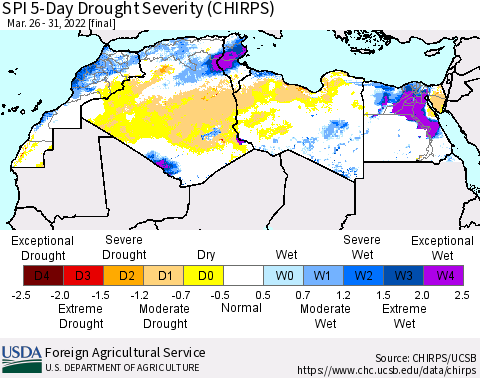 North Africa SPI 5-Day Drought Severity (CHIRPS) Thematic Map For 3/26/2022 - 3/31/2022