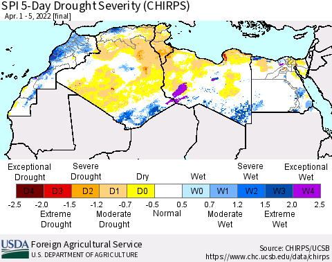 North Africa SPI 5-Day Drought Severity (CHIRPS) Thematic Map For 4/1/2022 - 4/5/2022