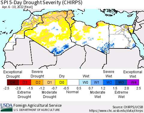 North Africa SPI 5-Day Drought Severity (CHIRPS) Thematic Map For 4/6/2022 - 4/10/2022