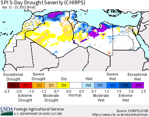 North Africa SPI 5-Day Drought Severity (CHIRPS) Thematic Map For 4/11/2022 - 4/15/2022