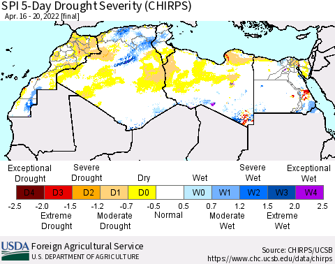 North Africa SPI 5-Day Drought Severity (CHIRPS) Thematic Map For 4/16/2022 - 4/20/2022